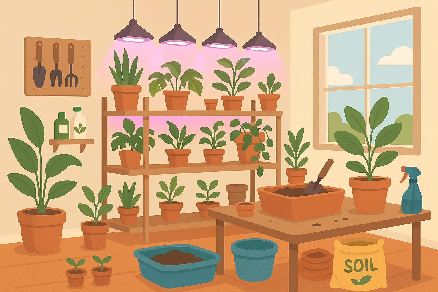 Indoor garden room with grow lights and plant storage systems