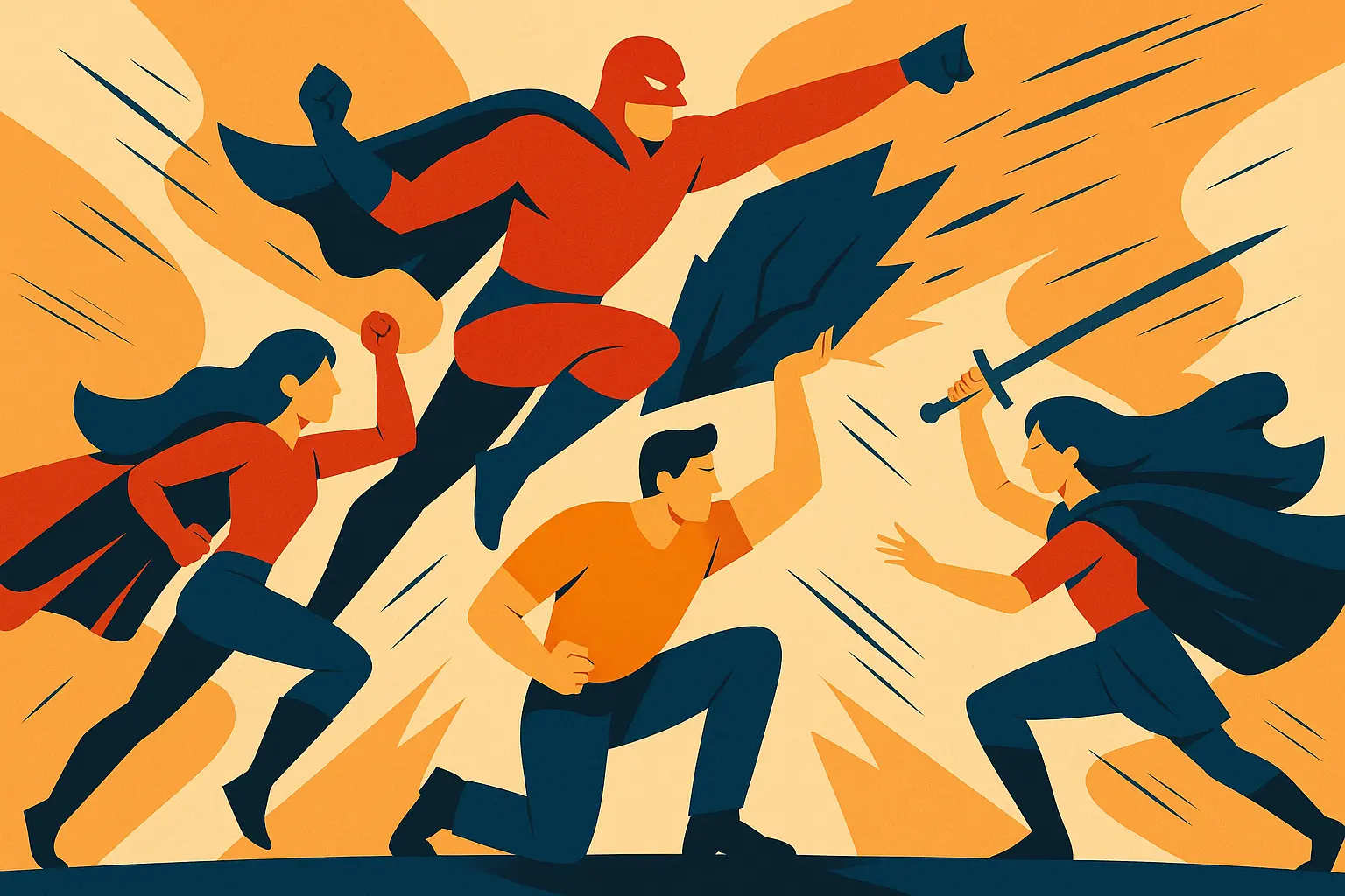 Action scene with giant figures in combat formation