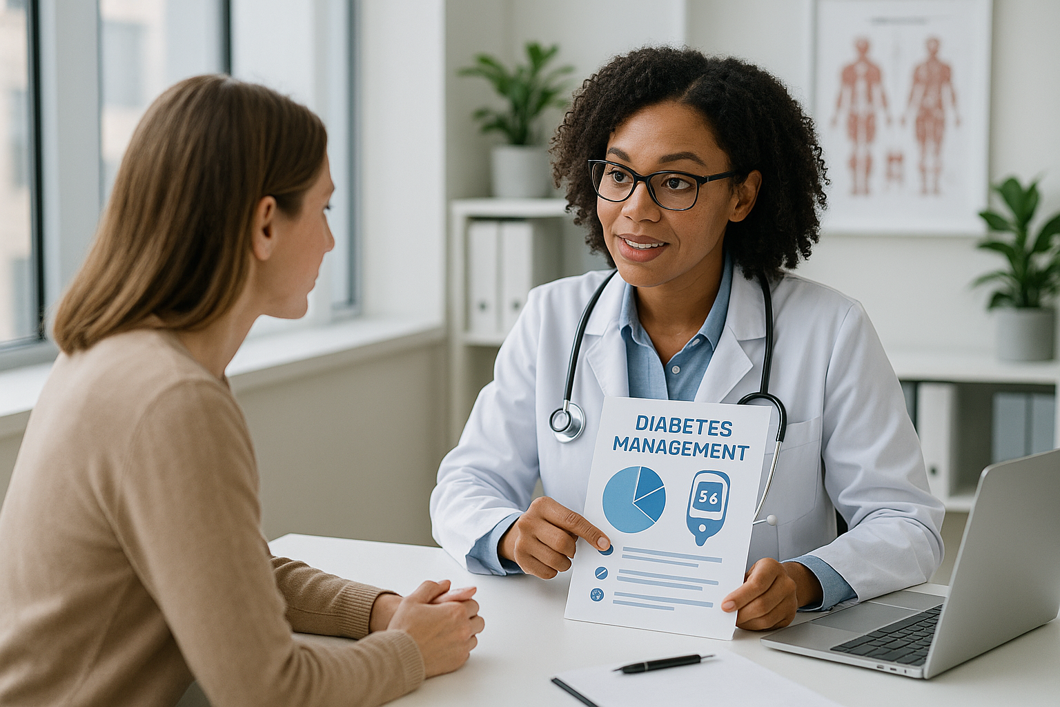 Diabetes educator helping patient with blood glucose monitoring
