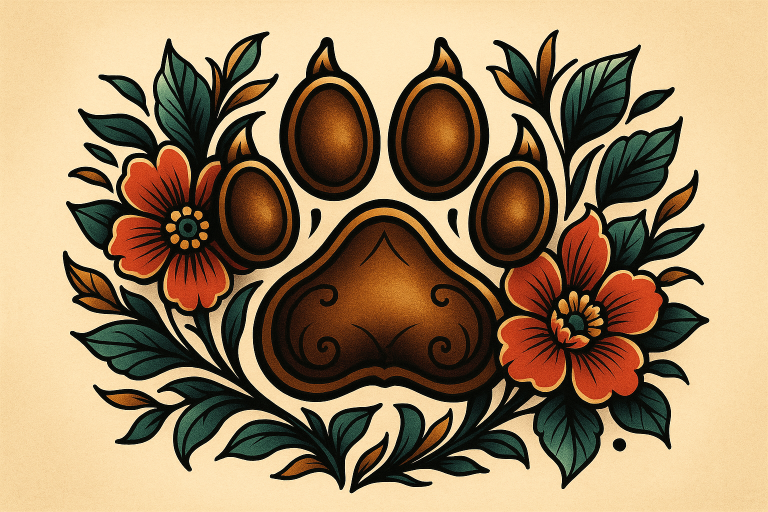 Neo-traditional paw tattoo with floral elements
