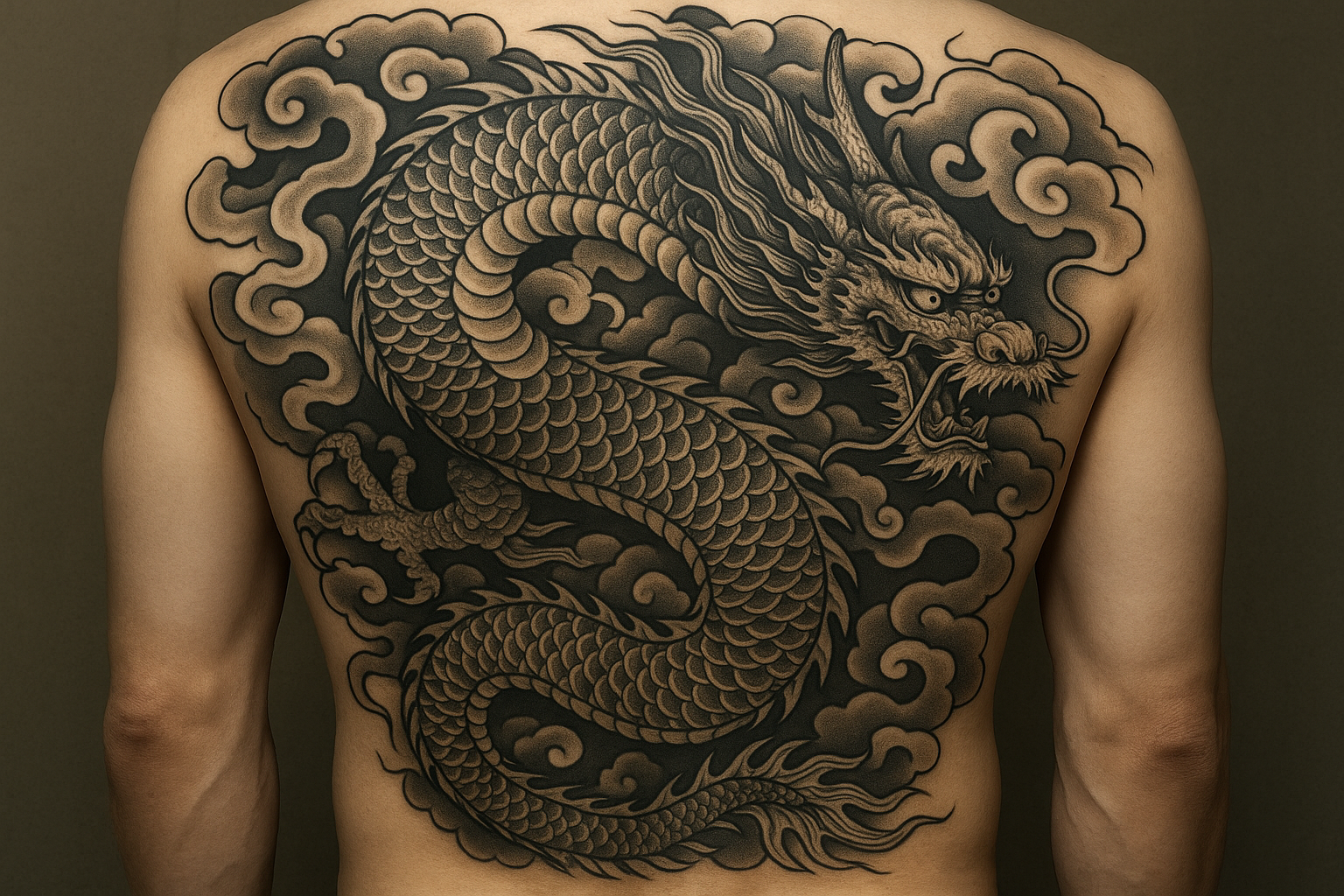 Japanese-inspired dragon full back tattoo