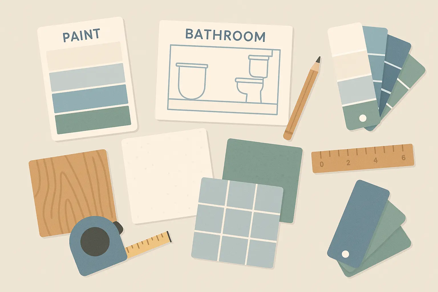Coastal bathroom planning with materials and color samples