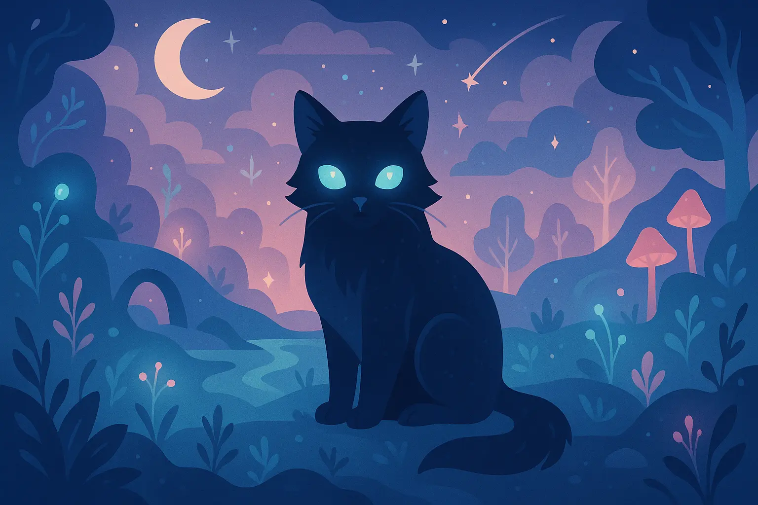 Mystical cat with glowing eyes in fantasy setting
