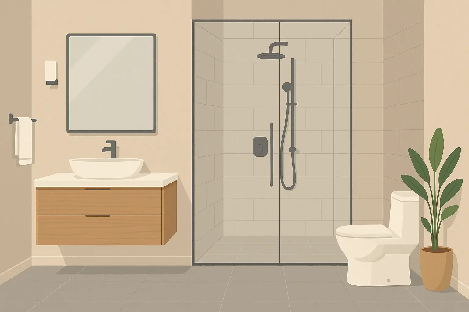 Modern curbless shower with glass enclosure and stone tiles