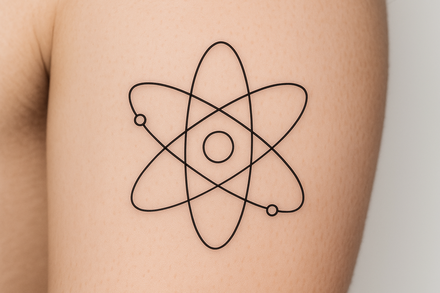 Minimalist line art atom tattoo design