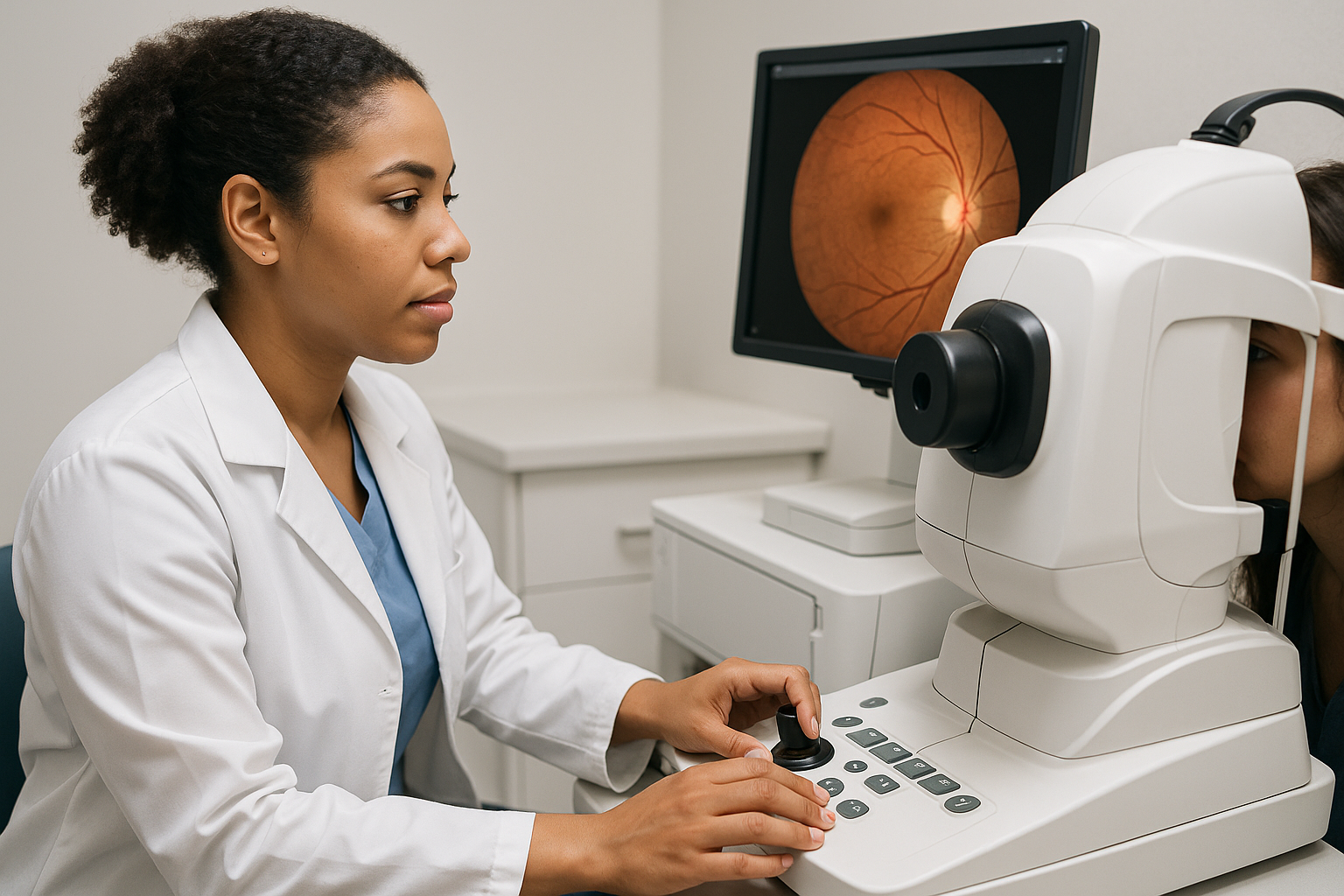 Retinal specialist examining patient with ophthalmic equipment