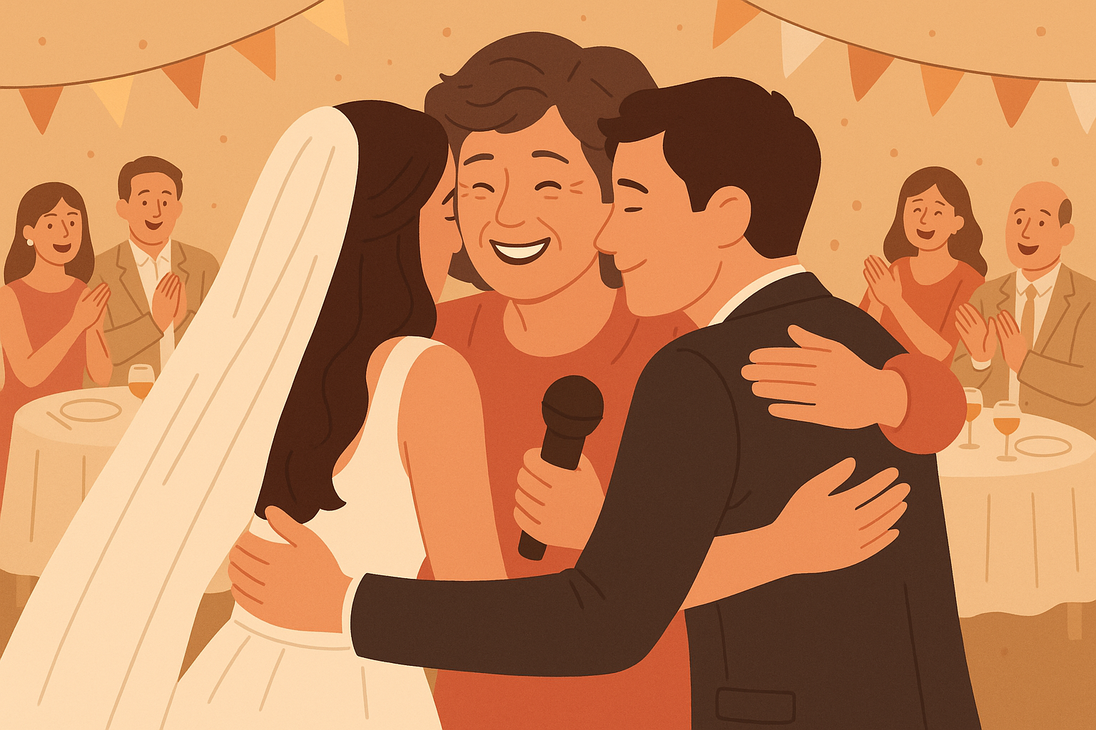 Happy mother of the groom celebrating successful speech at wedding reception