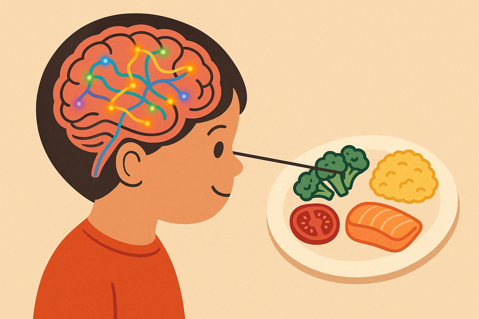 Child eating healthy food with brain development illustration