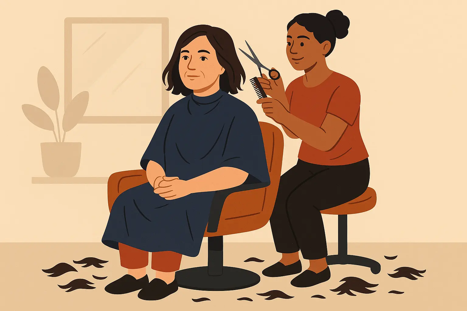 Woman looking contemplatively in mirror after dramatic haircut