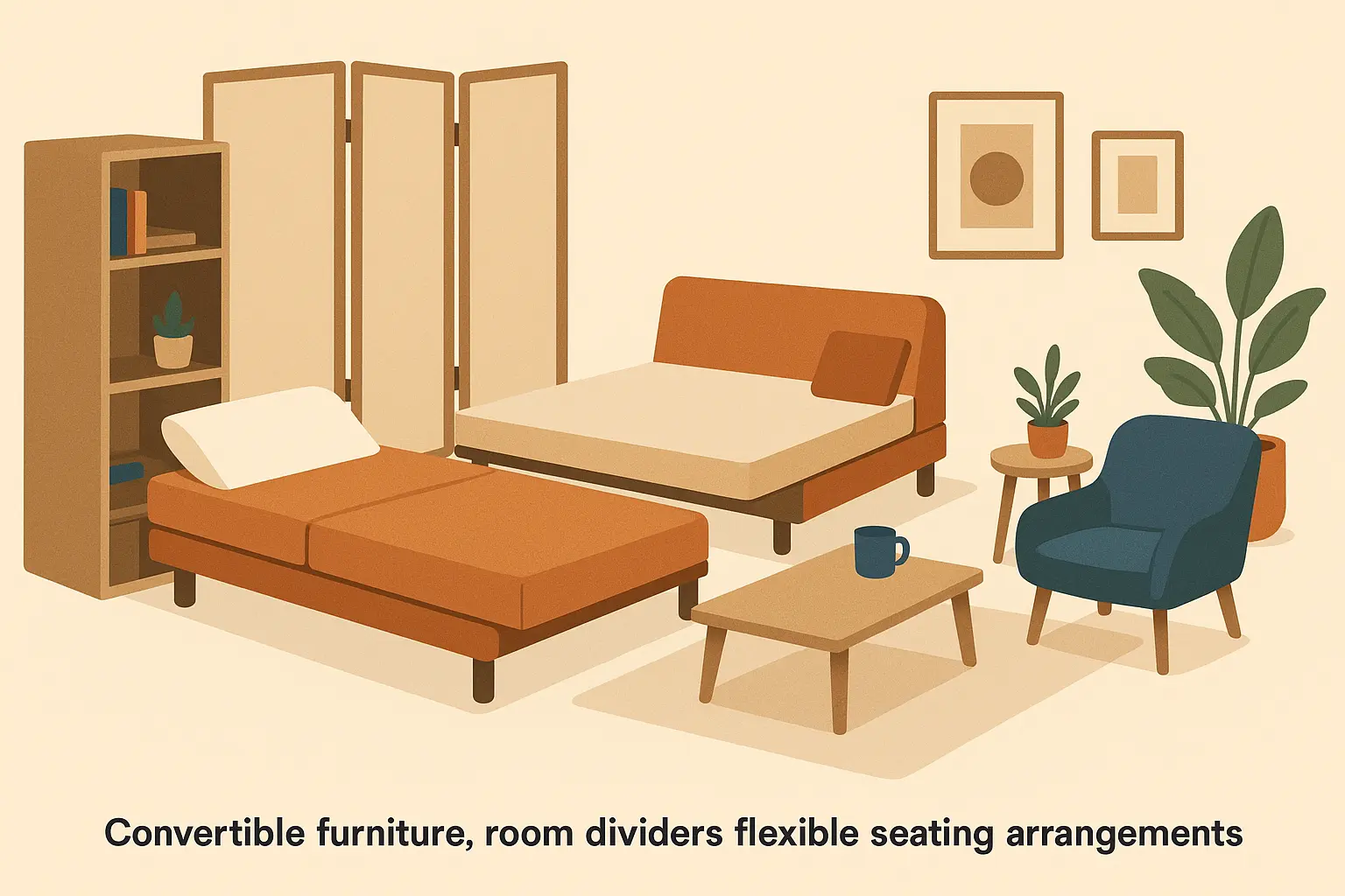 Multi-purpose living room layout with convertible furniture