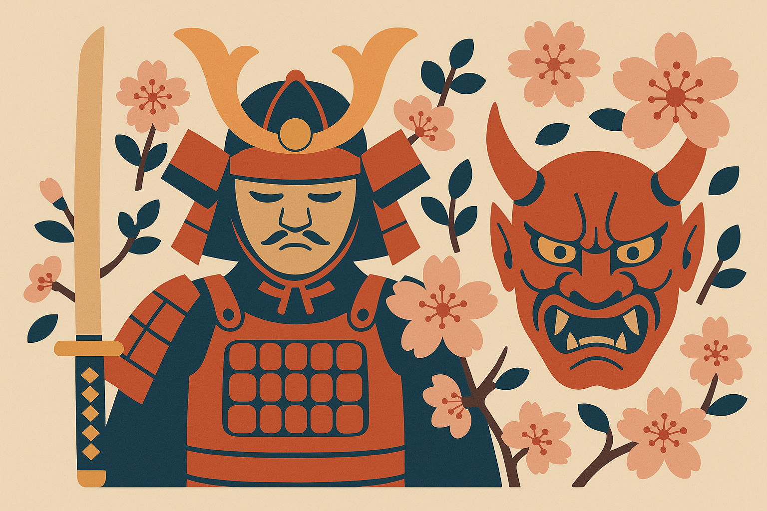 Eastern warrior tattoo designs featuring samurai and oni masks
