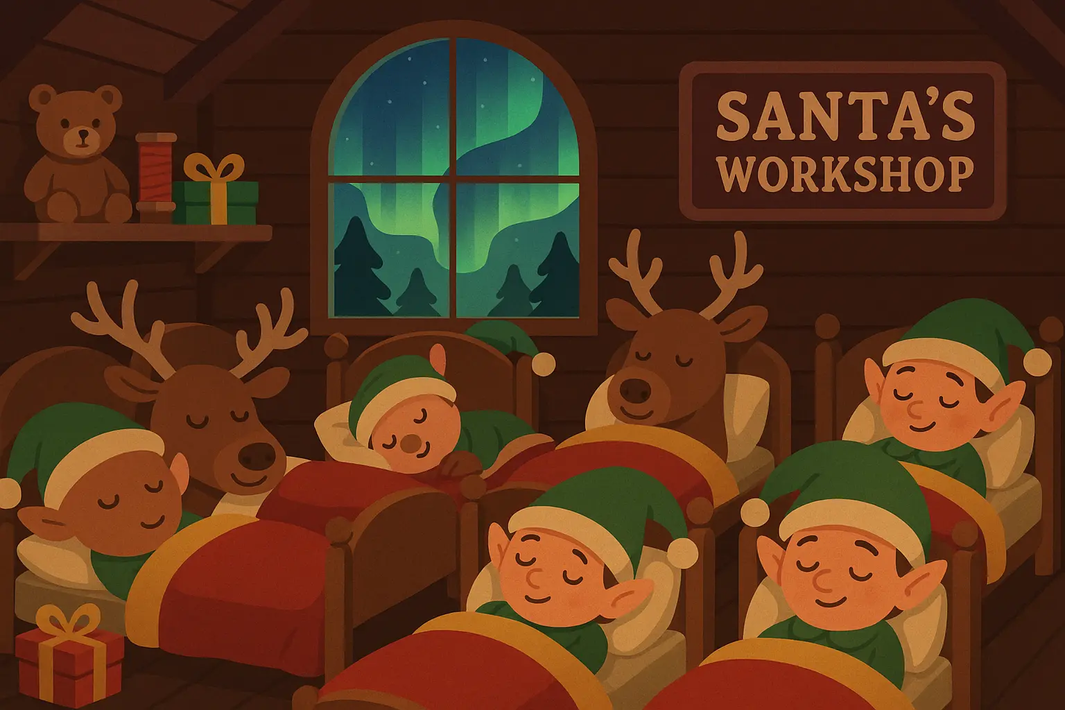 Peaceful Santa and reindeer preparing for Christmas Eve in a cozy North Pole setting
