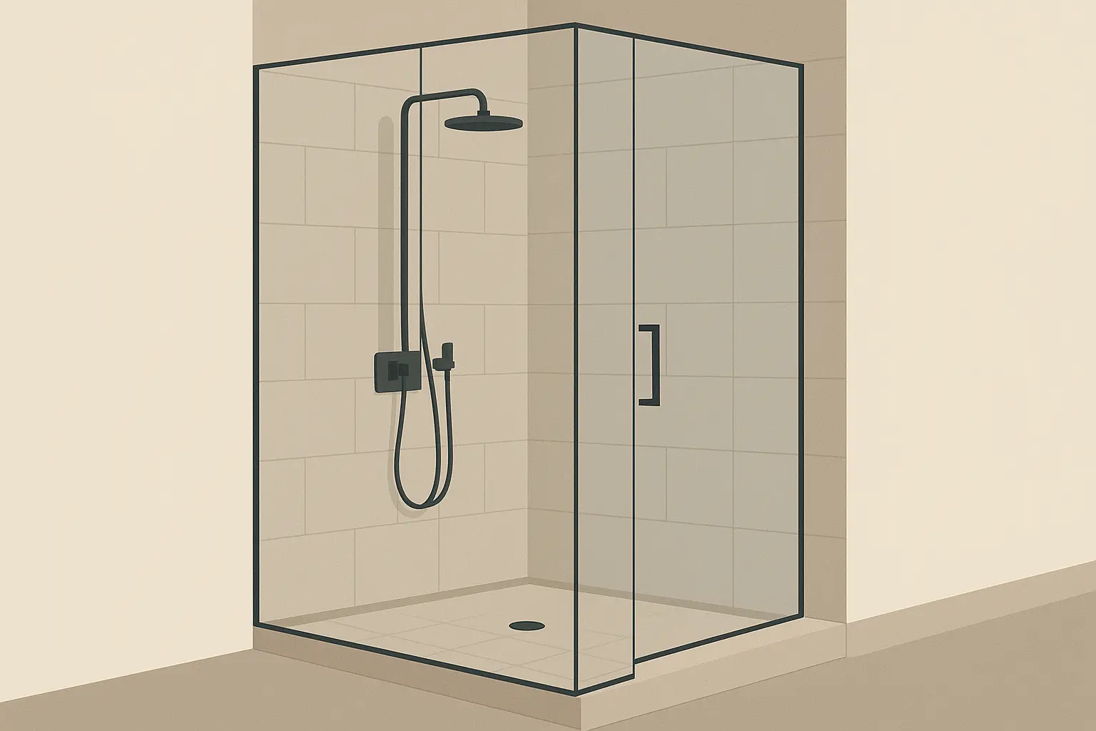 Minimalist glass-enclosed curbless shower with floating vanity