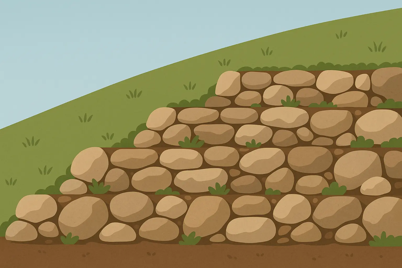 Boulder retaining wall with natural stone landscaping