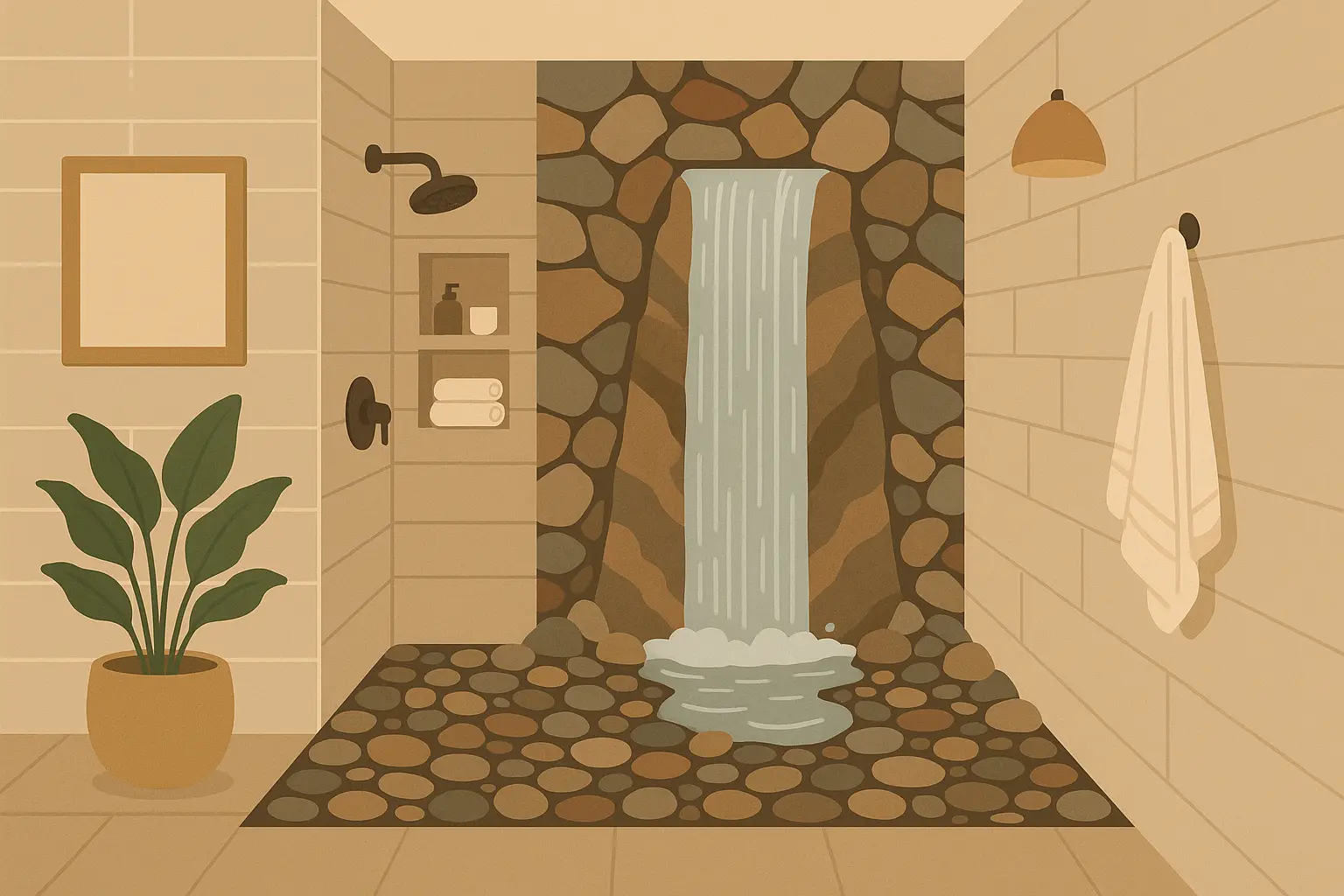 Luxury stone waterfall curbless shower with natural materials