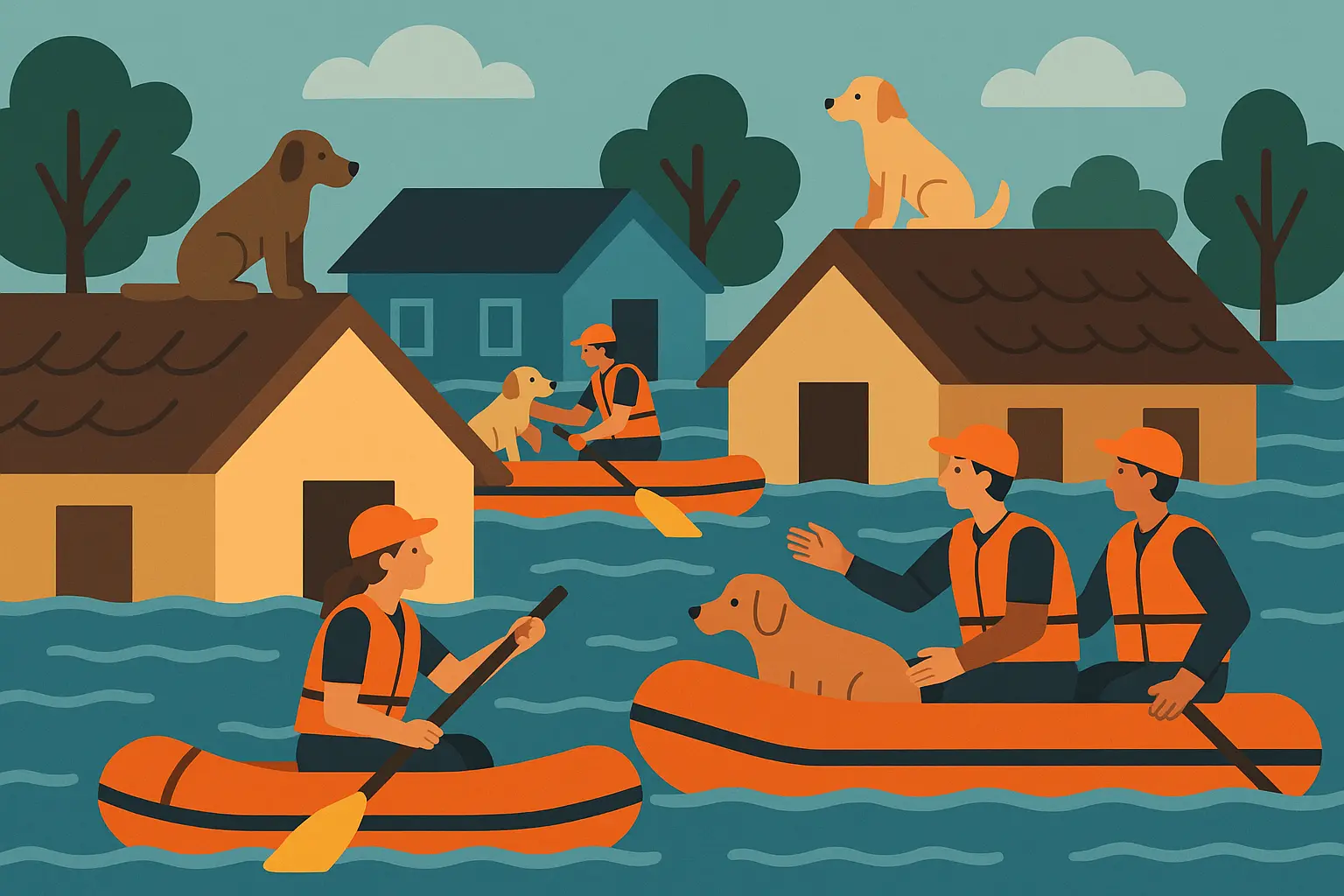 Rescue workers saving dog from flood