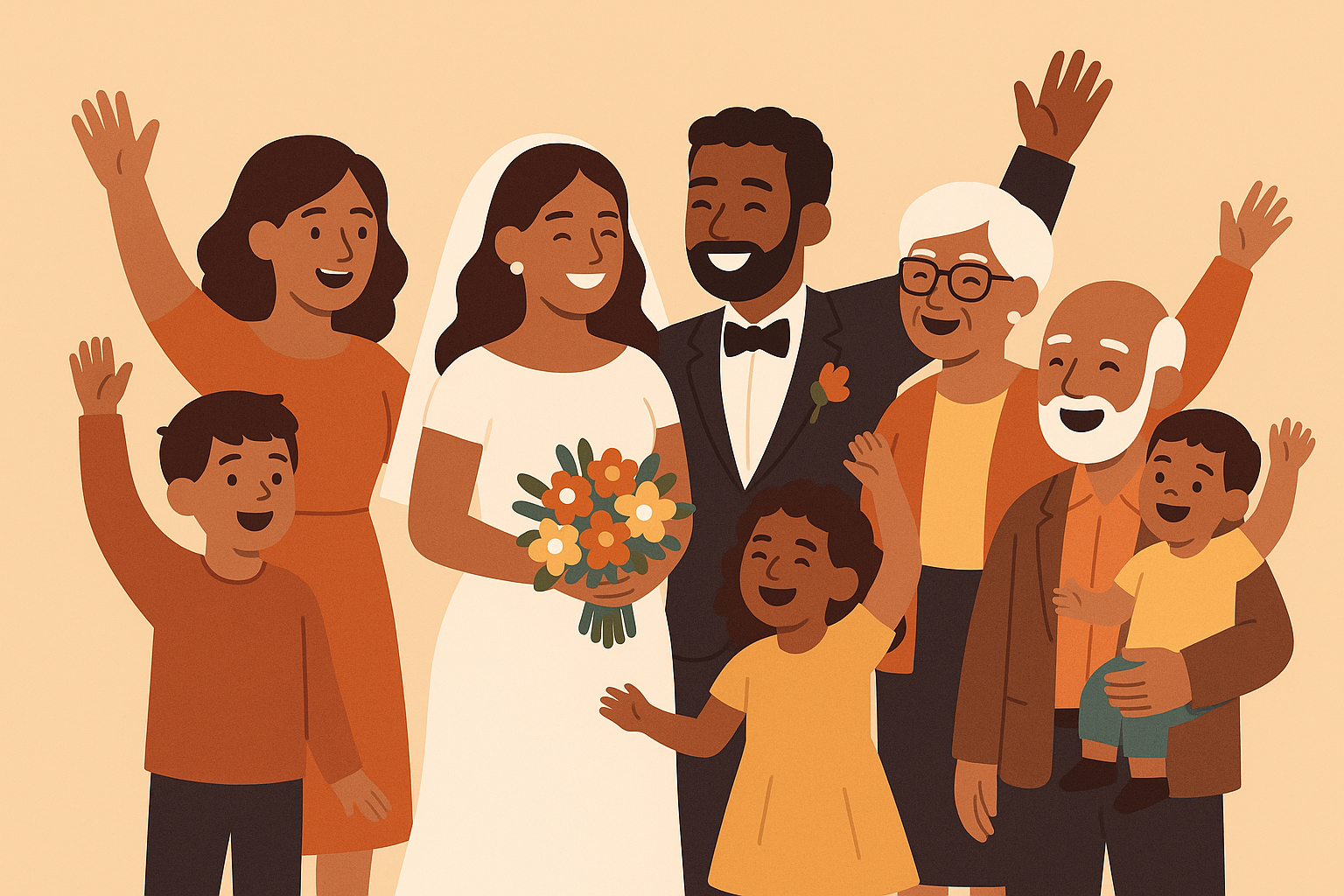 Blended family celebrating together at wedding reception