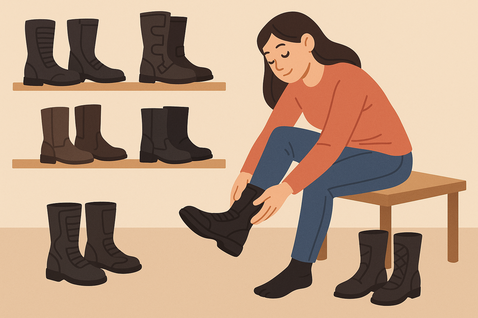 Women trying on motorcycle boots properly