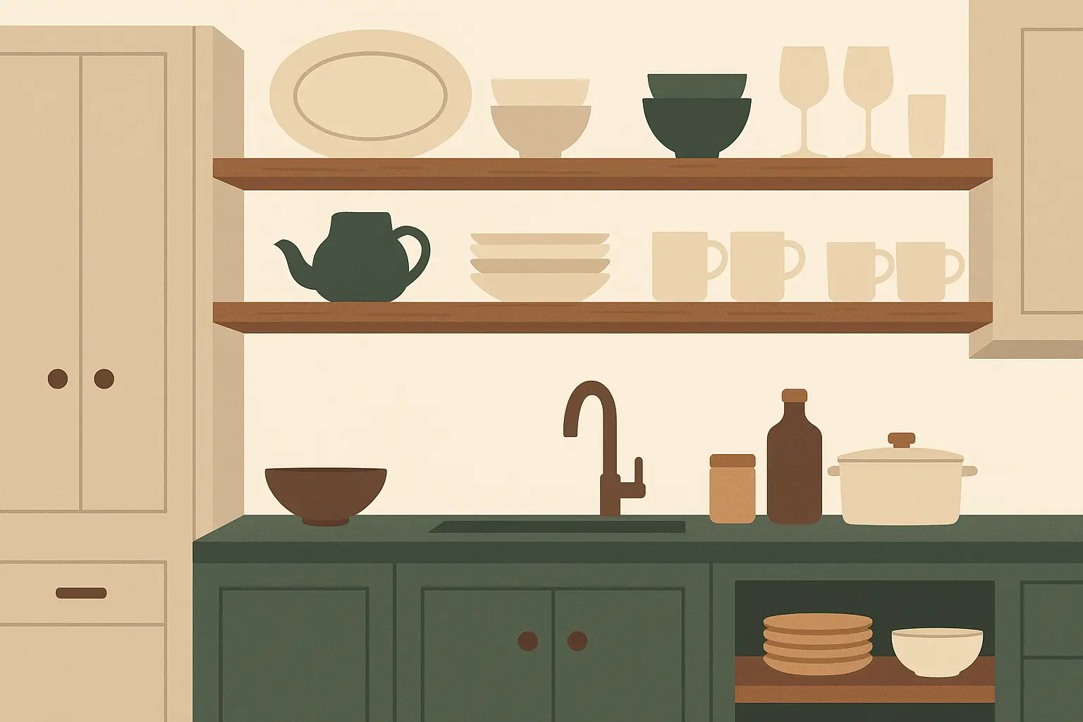Open shelving in galley kitchen