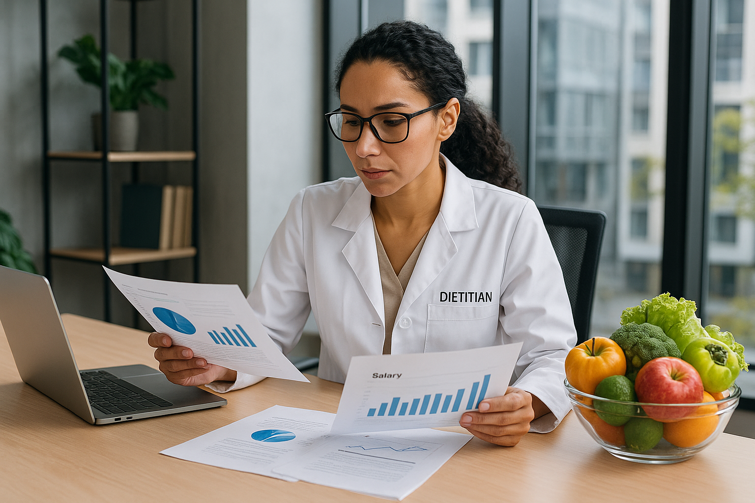 Dietitian analyzing salary data and financial documents