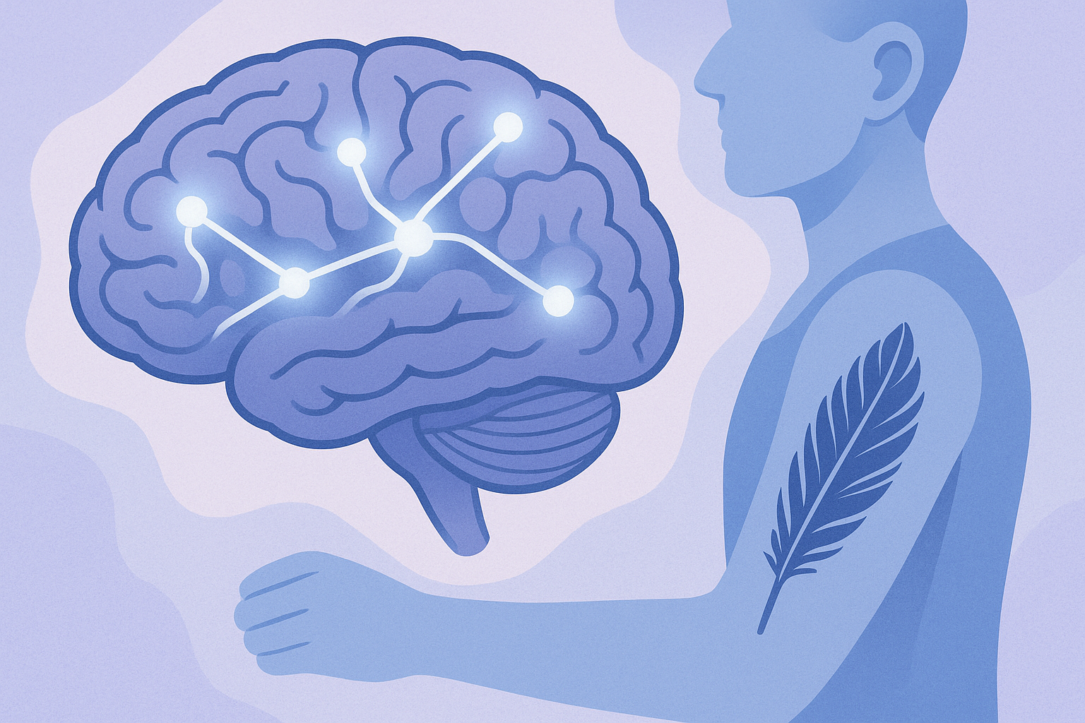 Brain neurons connecting with feather tattoo imagery