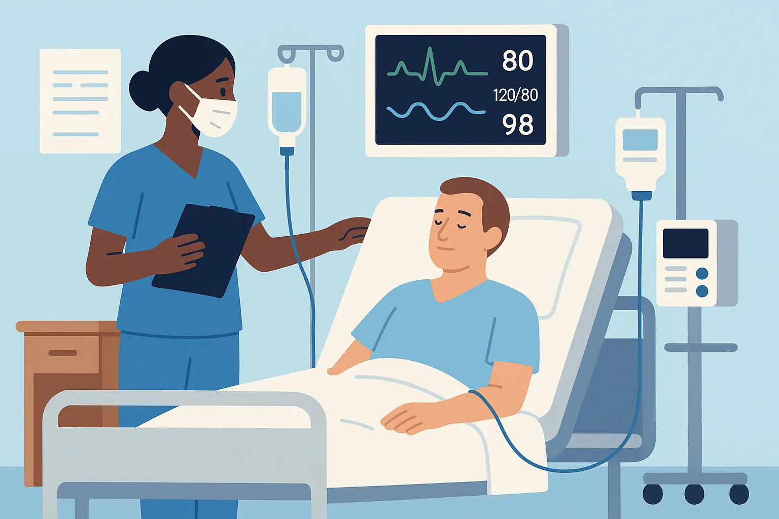 Hospital IV setup showing colloid solution administration
