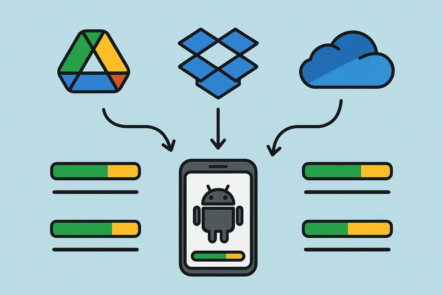 Cloud storage services comparison showing Google Drive, Dropbox, and OneDrive