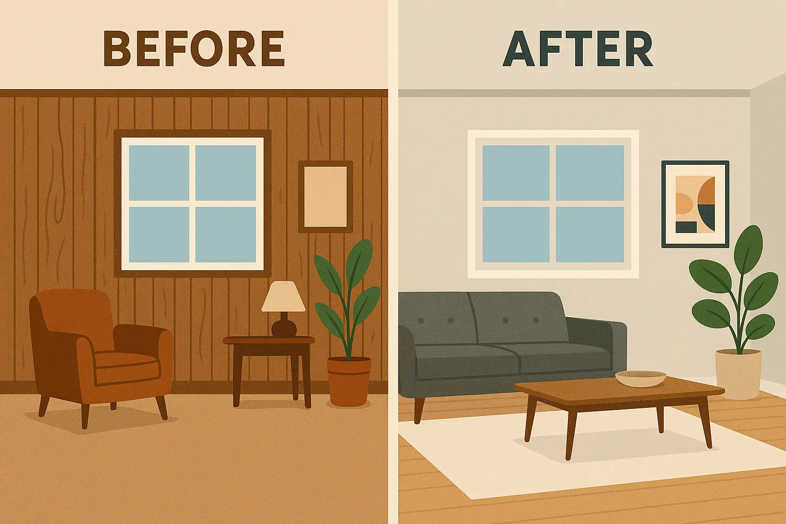 Final transformed wood paneling makeover showing dramatic before and after results