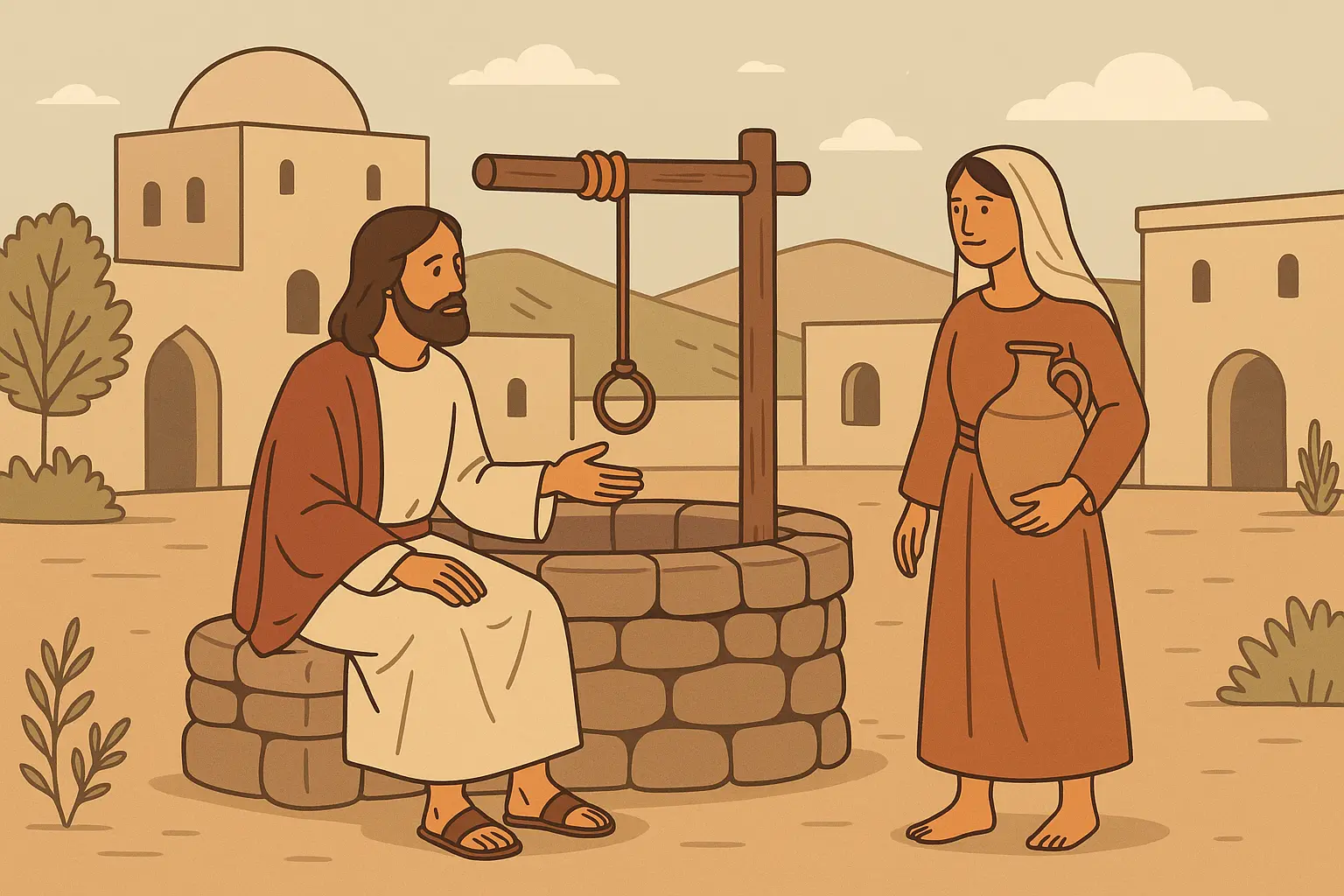 Jesus speaking with the Samaritan woman at the well