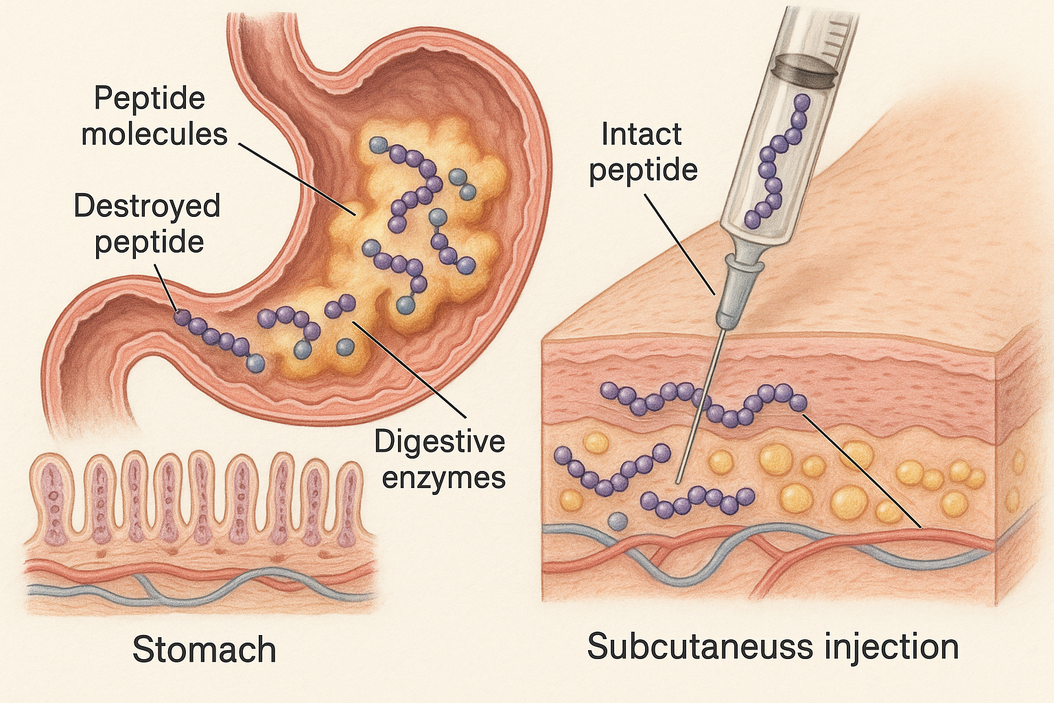 Peptide bioavailability comparison between oral and injection methods