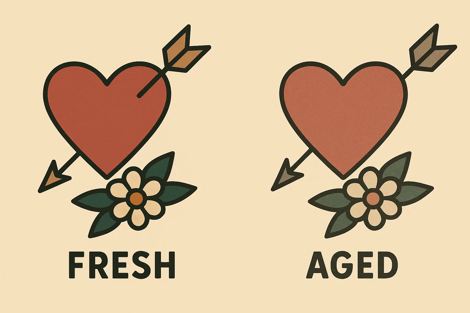 Tattoo aging comparison showing bold vs detailed designs