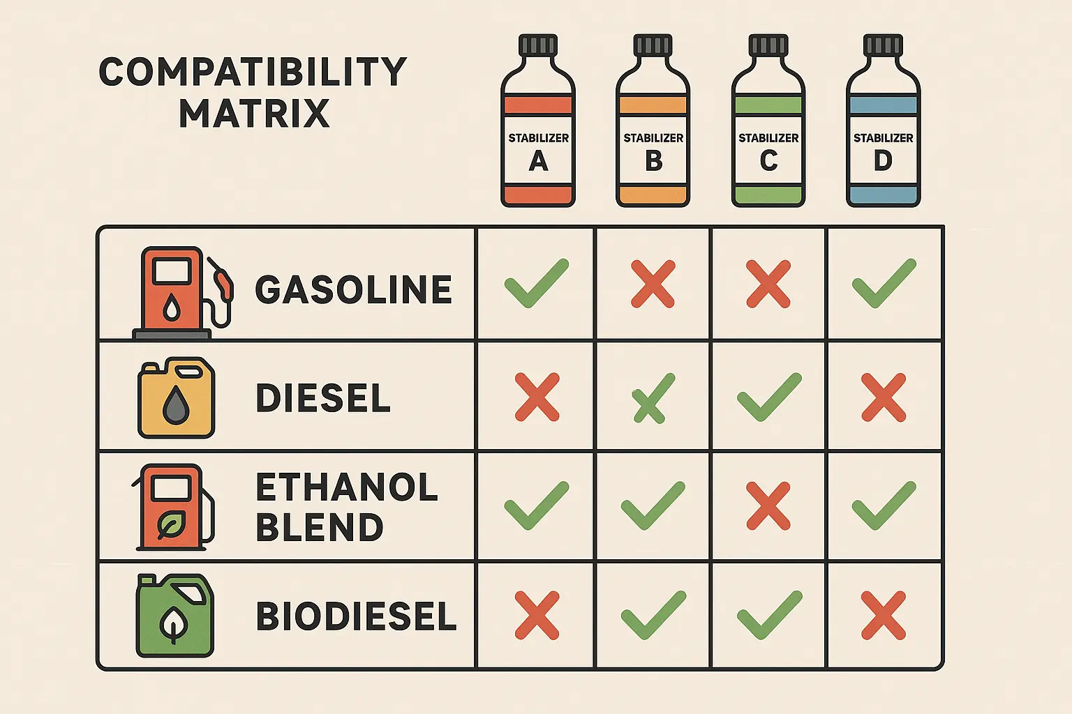 Fuel compatibility chart showing different gasoline types and stabilizer effectiveness