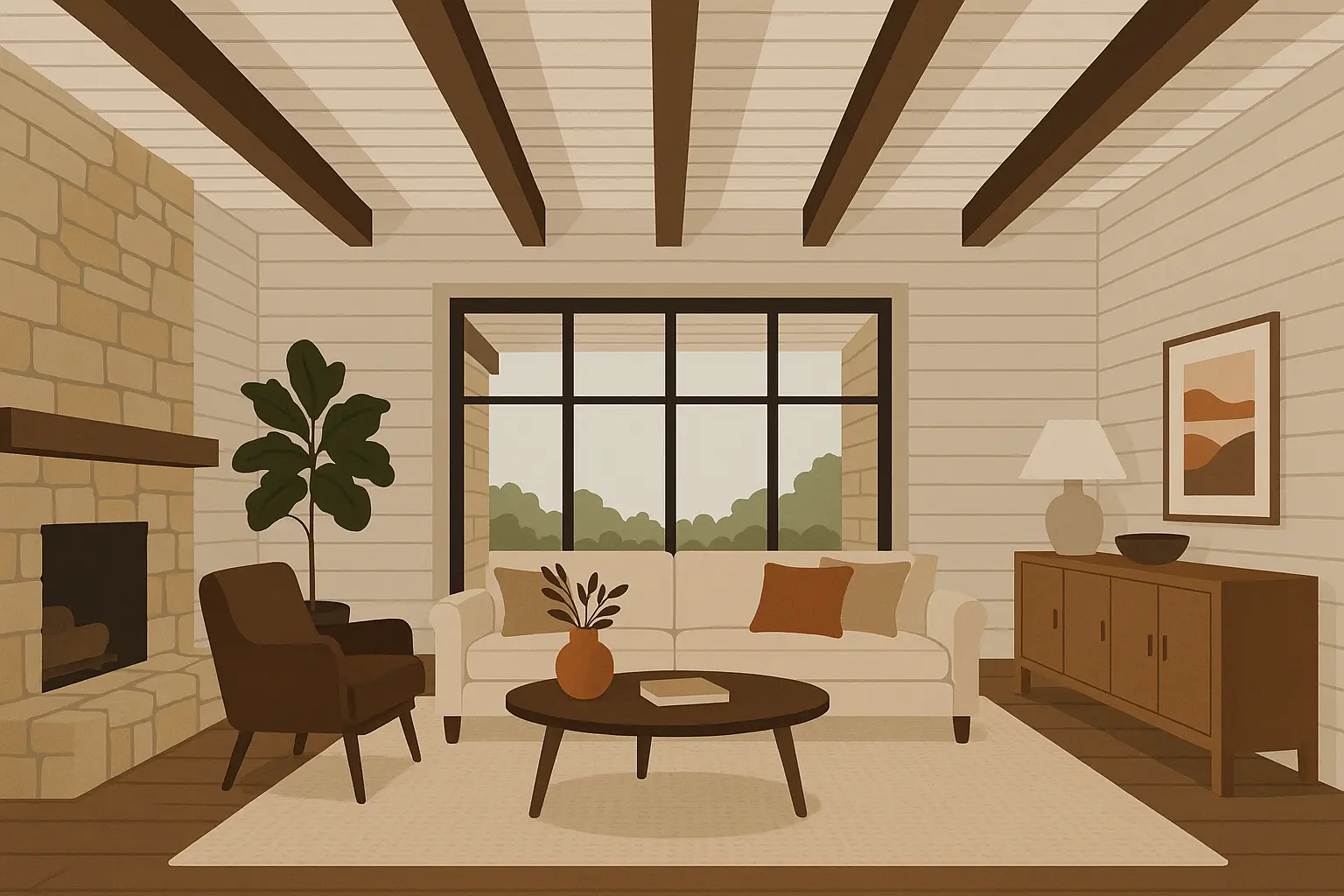 Exposed wooden beams combined with white shiplap ceiling in rustic great room