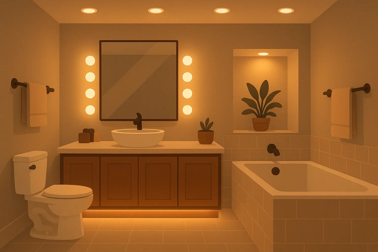 Layered lighting design creating spa-like bathroom ambiance