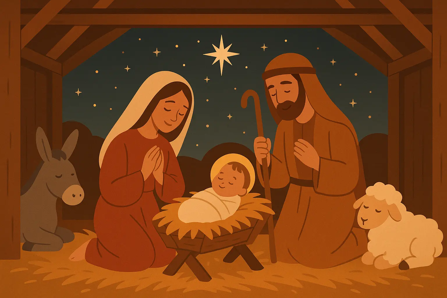 Nativity scene with Mary, Joseph, and baby Jesus