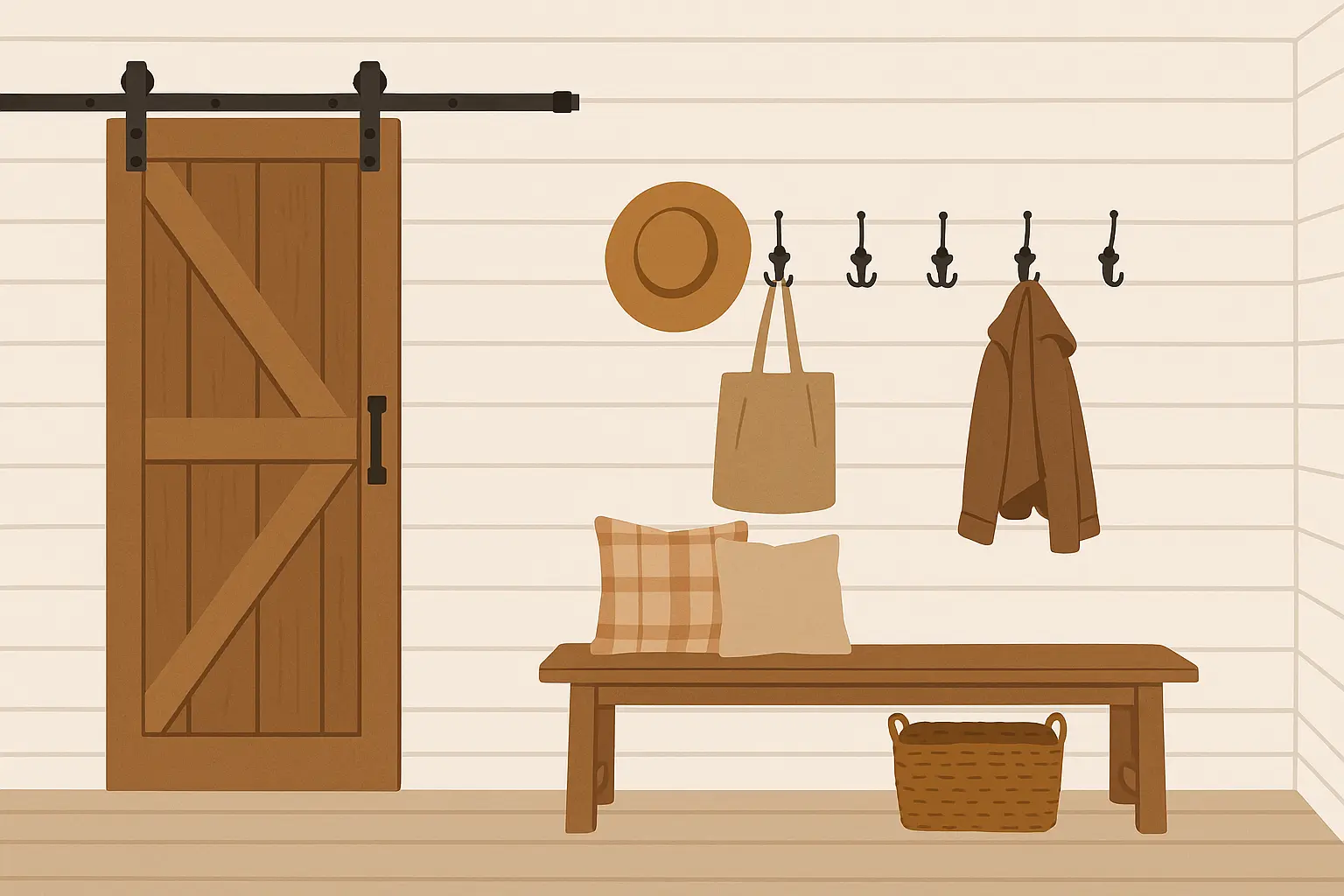 Farmhouse-style mudroom with shiplap walls