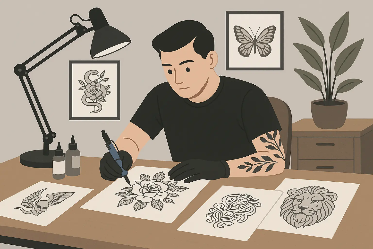 Professional tattoo artist working on matching designs