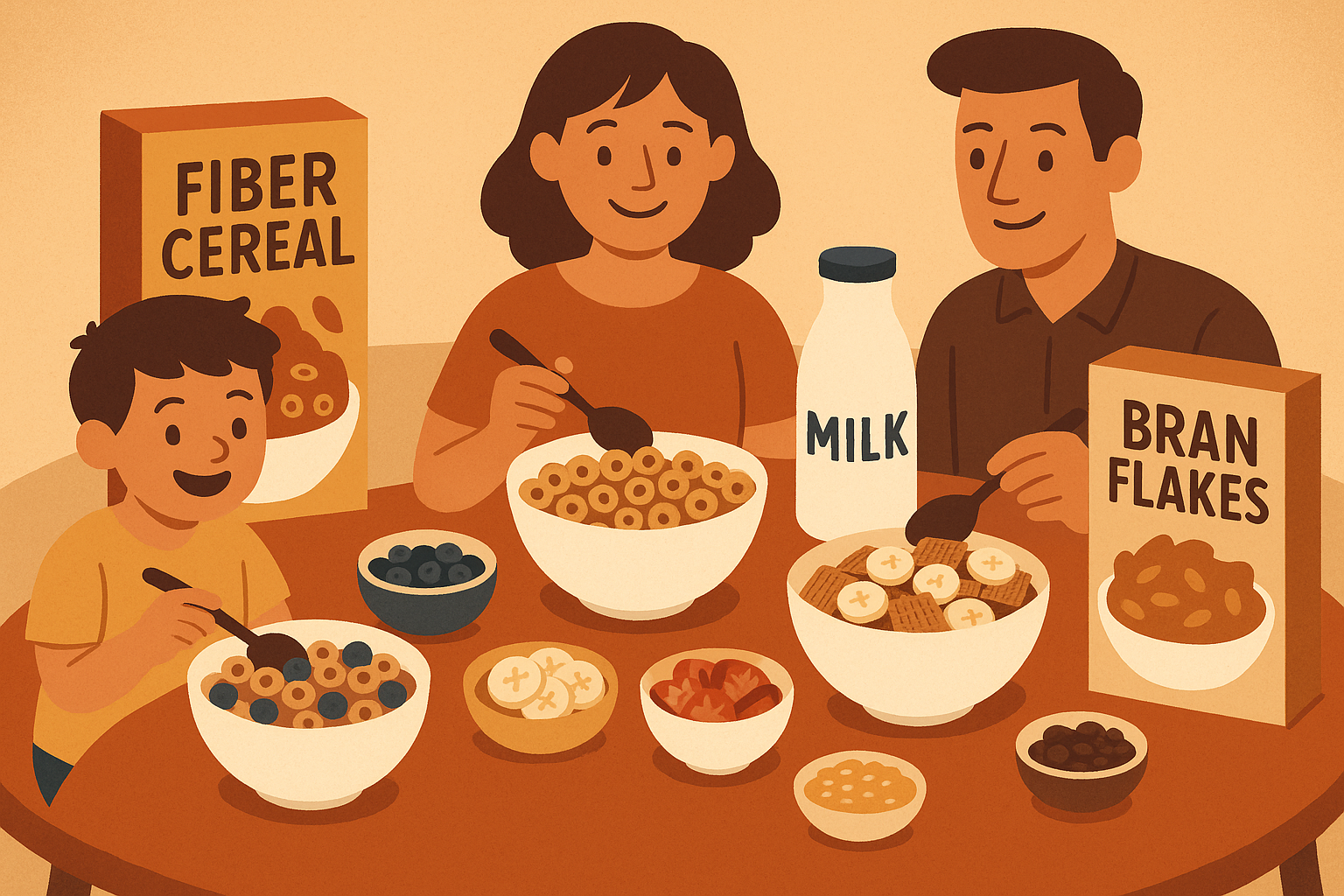 Family breakfast setup with multiple cereal options