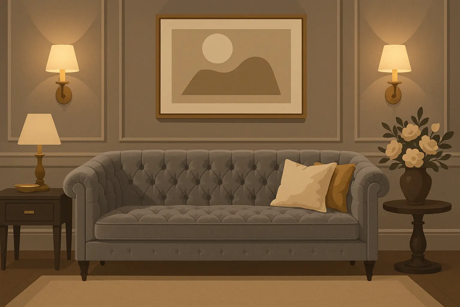 Luxurious grey velvet furniture adding elegance to living room