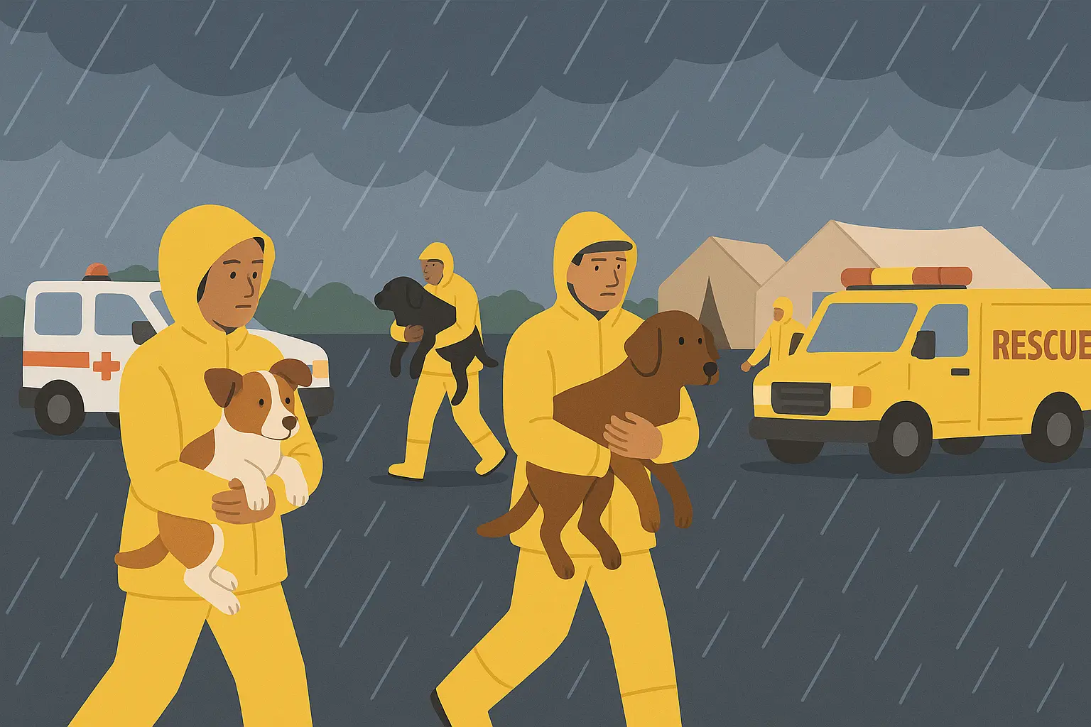 Emergency rescue teams evacuating dogs during Hurricane Helena