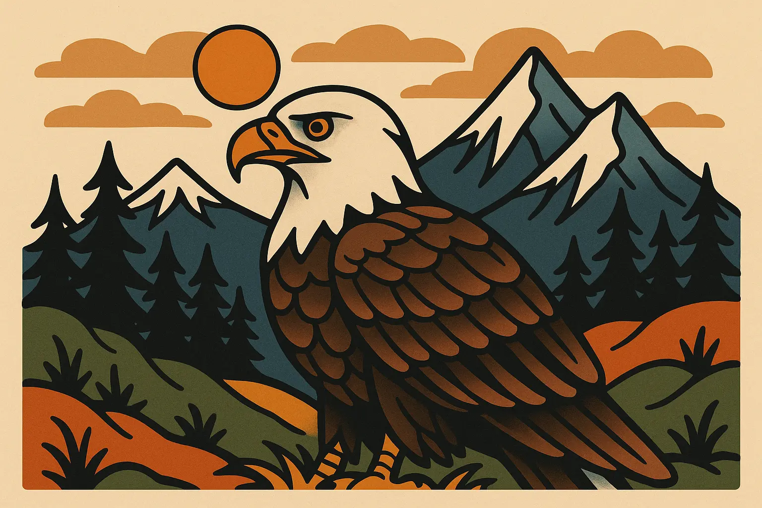 Nature-inspired traditional eagle tattoo with landscape elements