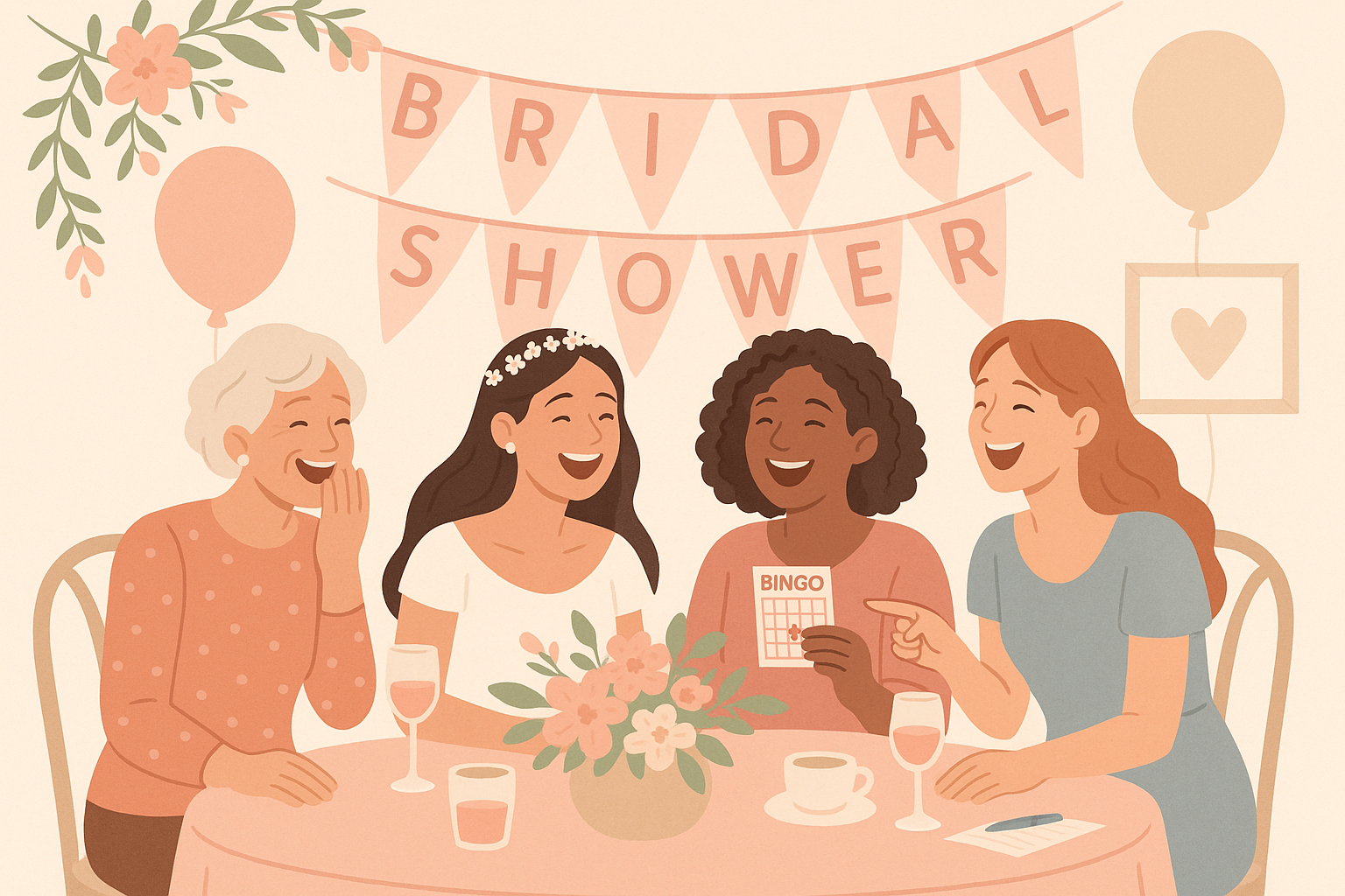 Bridal shower games setup with decorations and party supplies