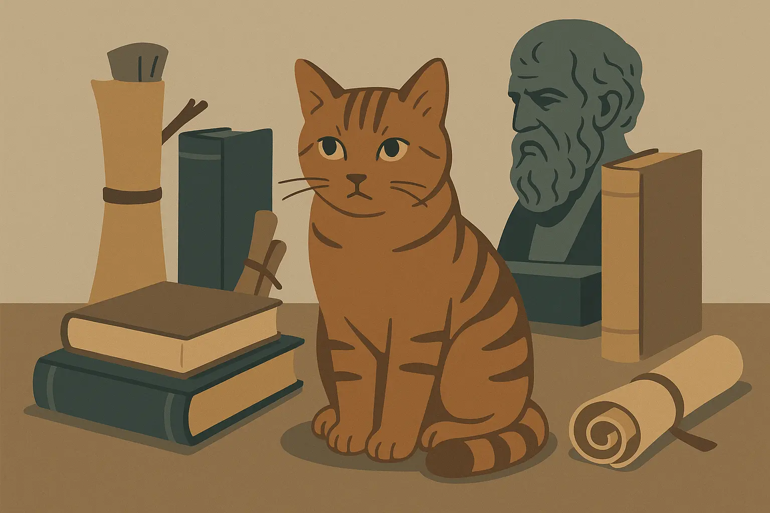 Contemplative cat in philosophical pose with books