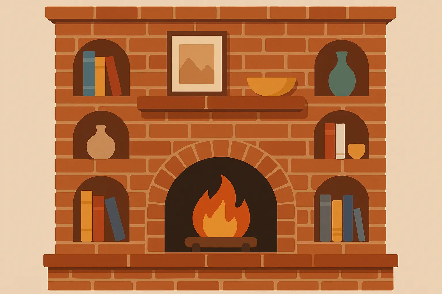 Brick fireplace with integrated built-in shelving