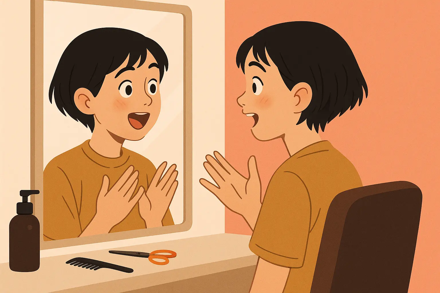 Young person looking at reflection after getting new haircut