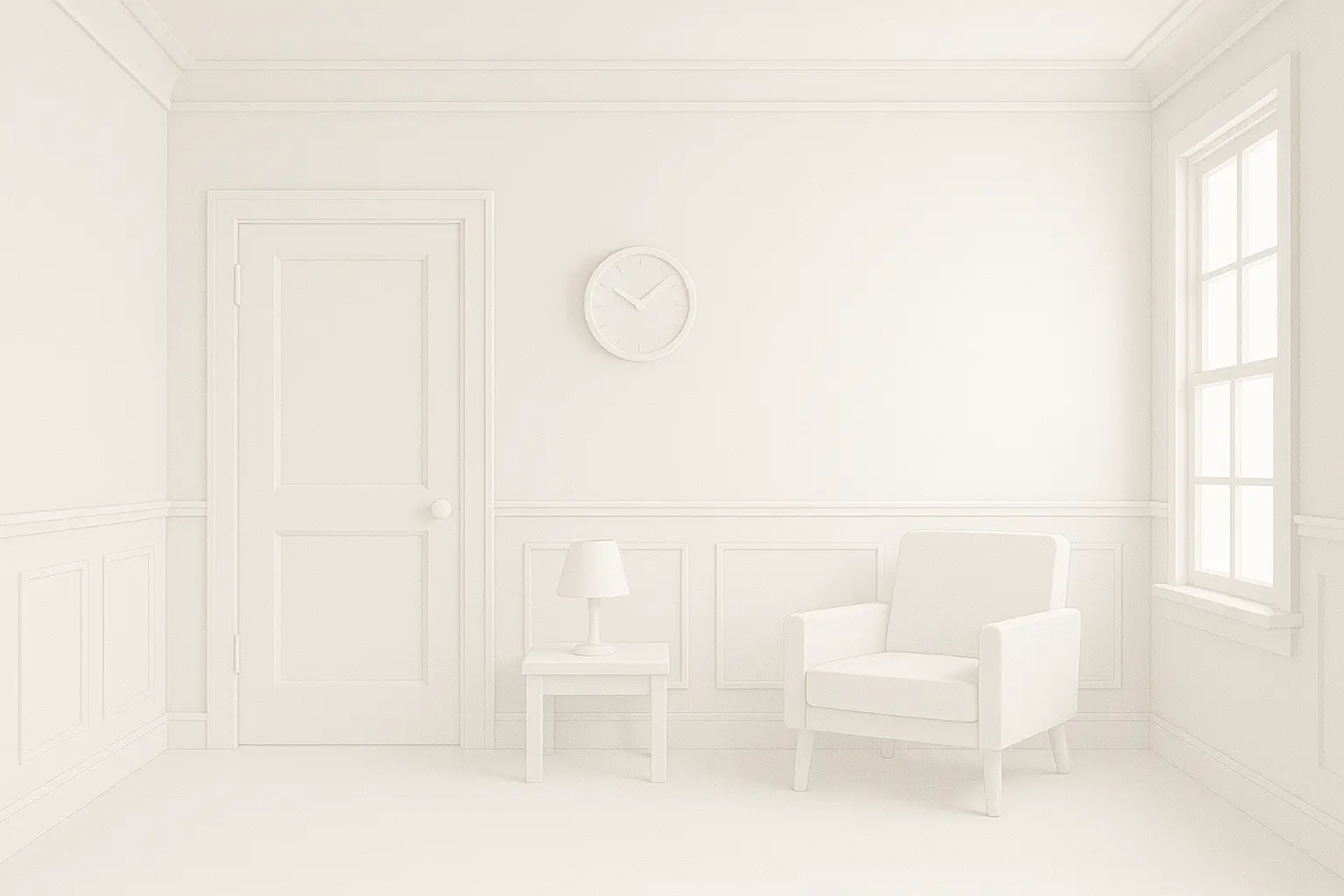 Monochromatic white treatment on wood paneling creating clean minimalist look