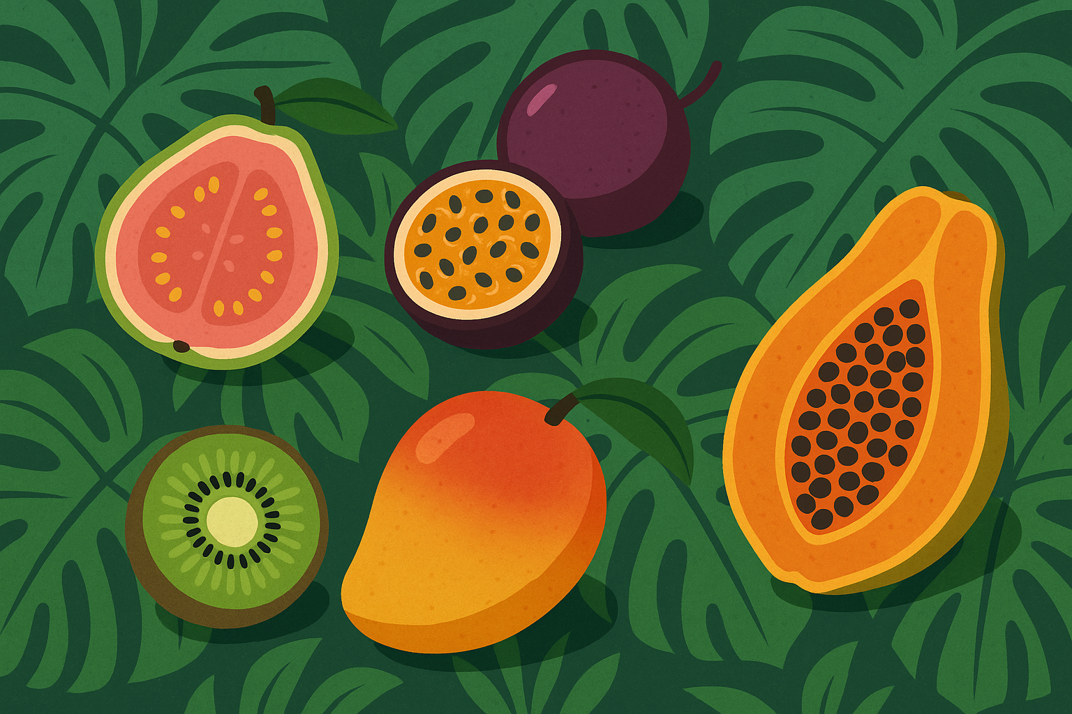 Exotic tropical fruits including guava, passion fruit, and kiwi