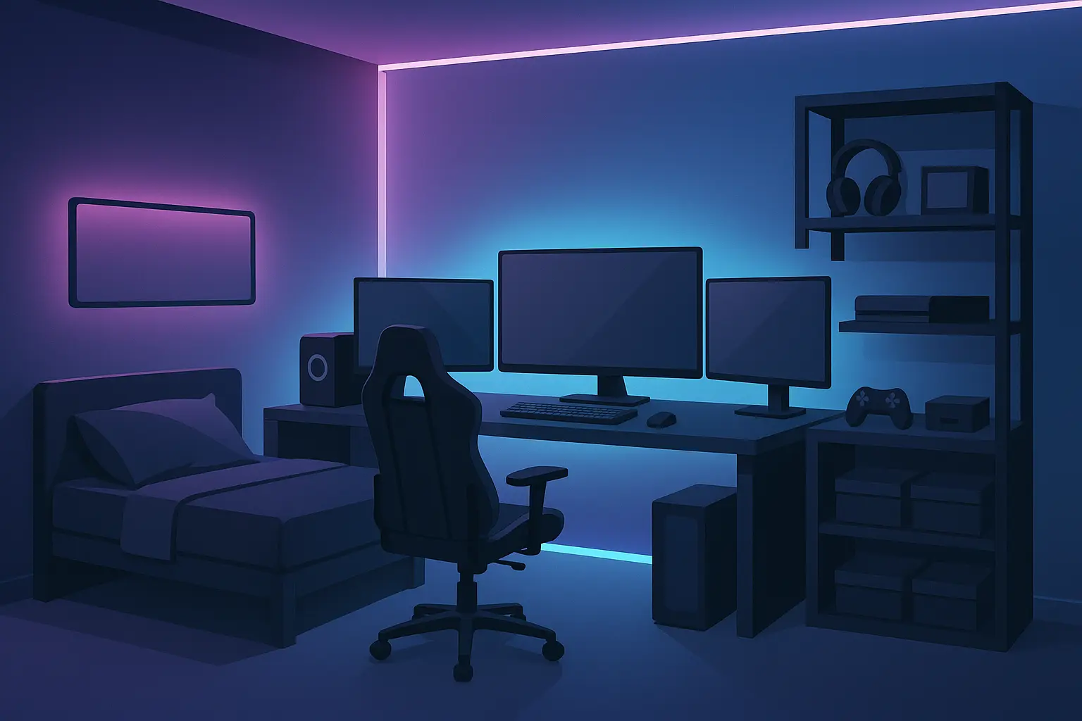 Modern gaming setup boy's bedroom with tech equipment