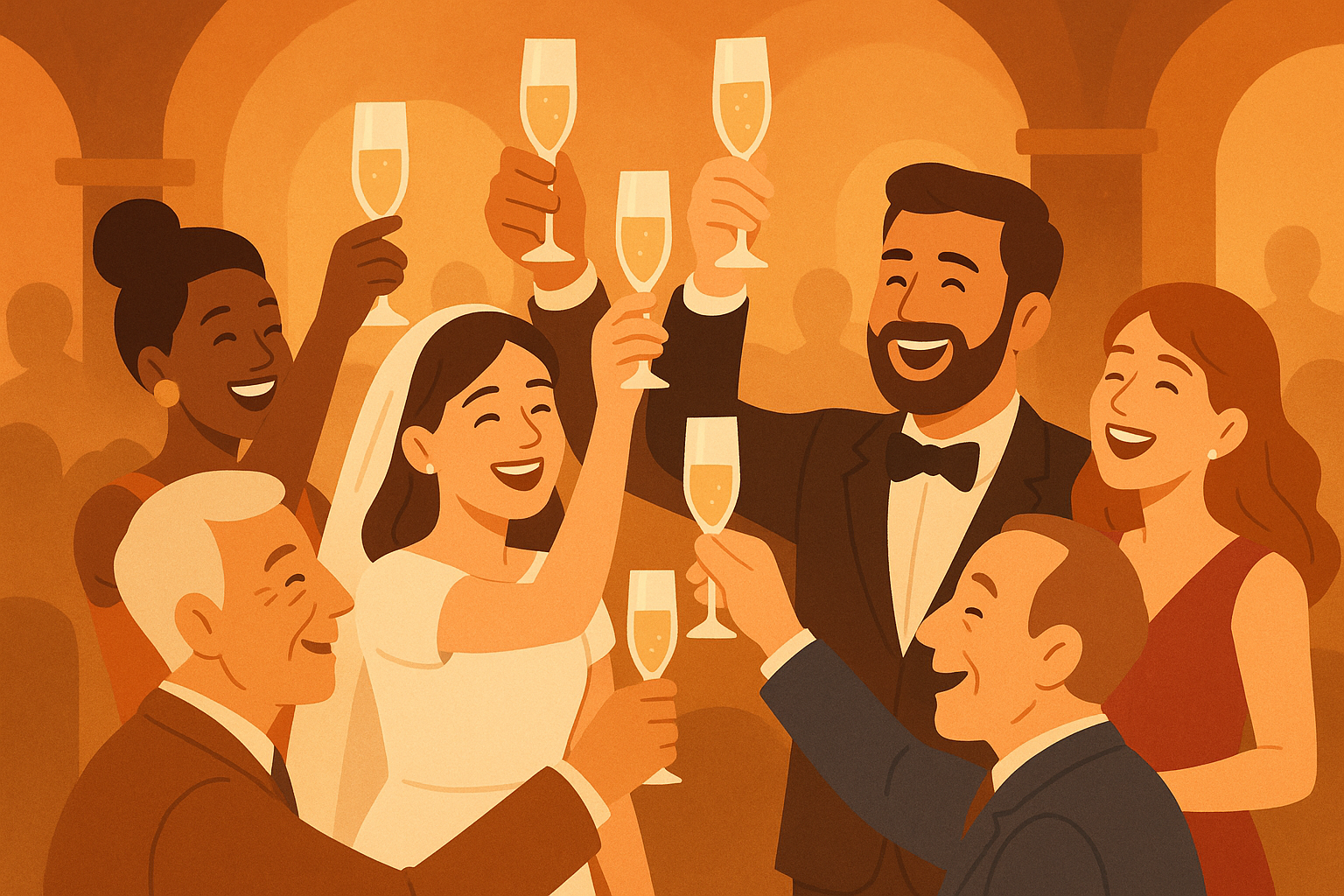 Wedding guests raising glasses in toast