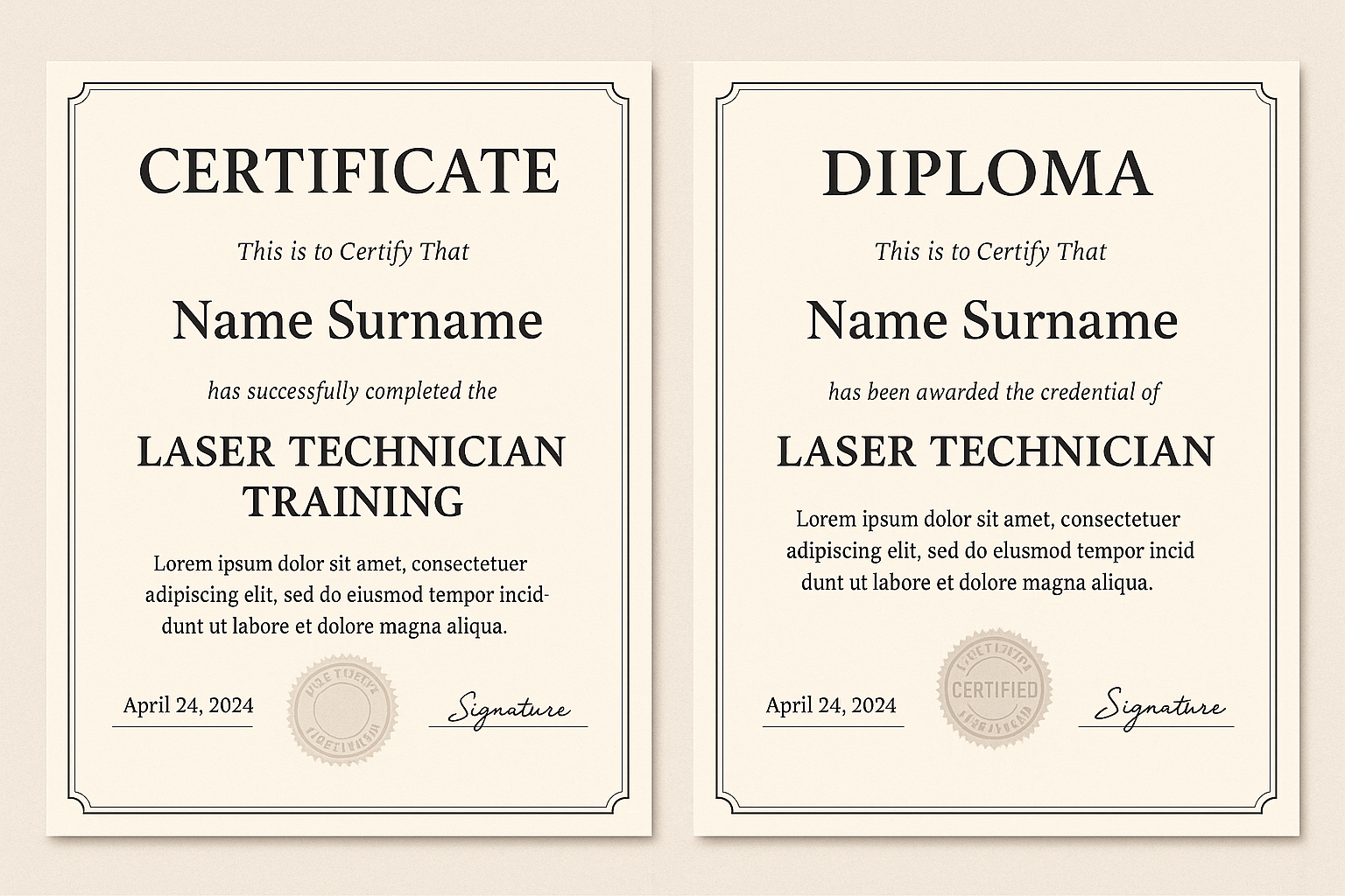 Professional laser technician certification documents